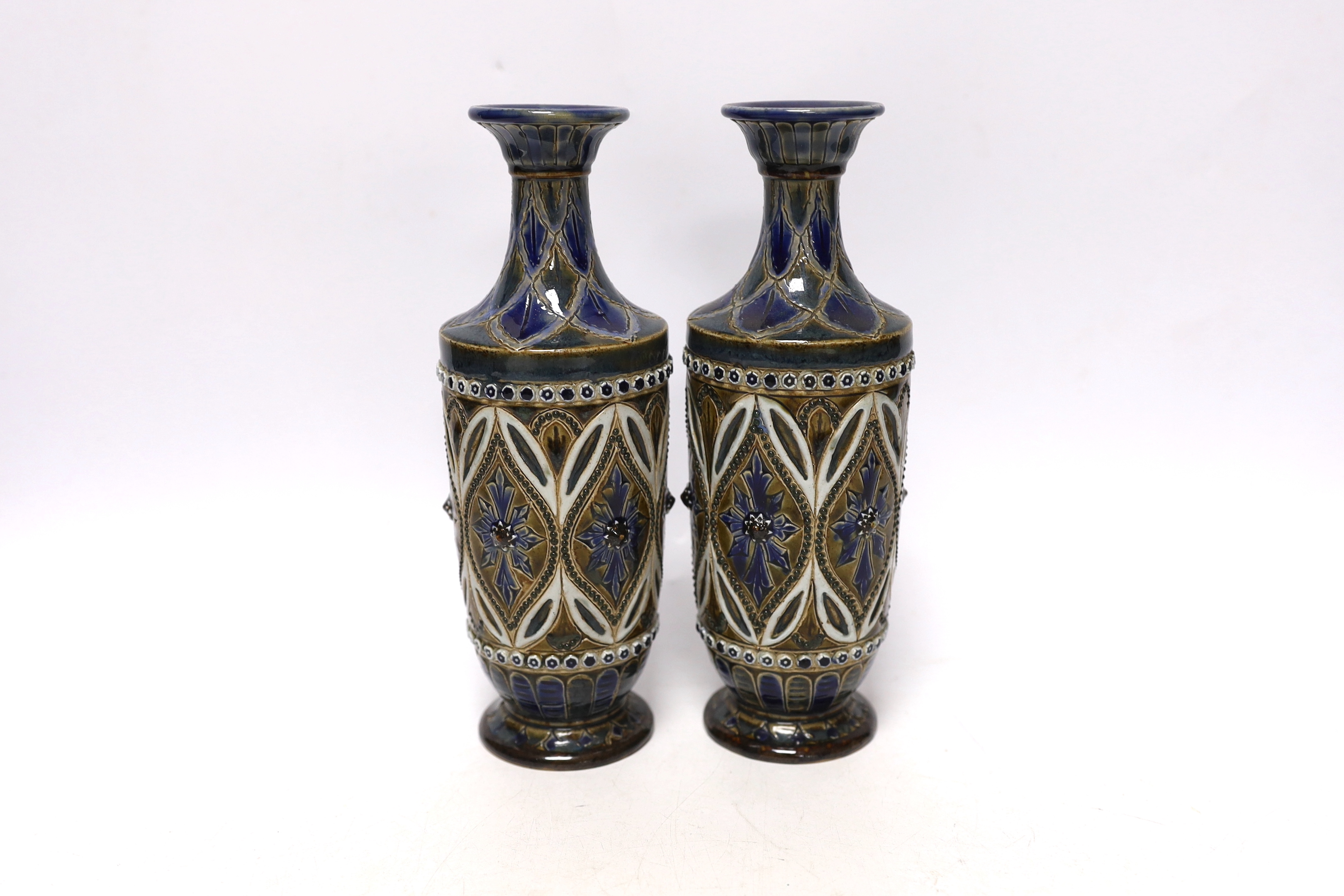 A pair of Doulton Lambeth stoneware vases, decorated by Elizabeth Fisher, stamped and incised to the bases, each 21cm high